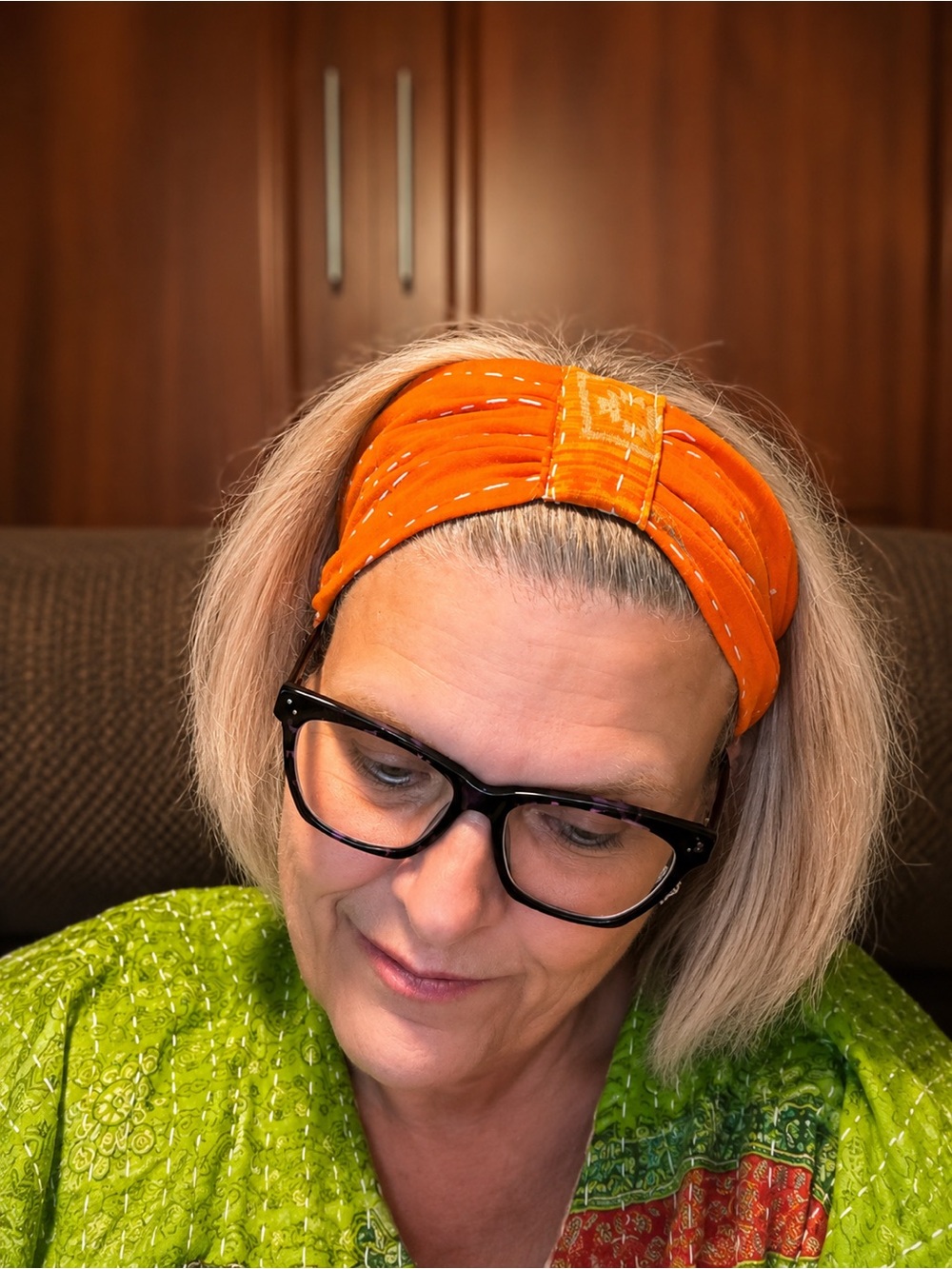 Kantha Wide Orange Padded Fabric Headband for Women-Made in India